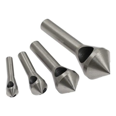 Slick Four Piece Countersink Chamfer Deburring Tool Set For Flawless Hole Beveling Two To Twenty Mm quick angle trimming kit showing 4 HSS tapered bits.