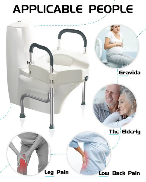 Raised Toilet Seat With Handles For Seniors And Post Surgery Recovery, showing applicability for various demographics.