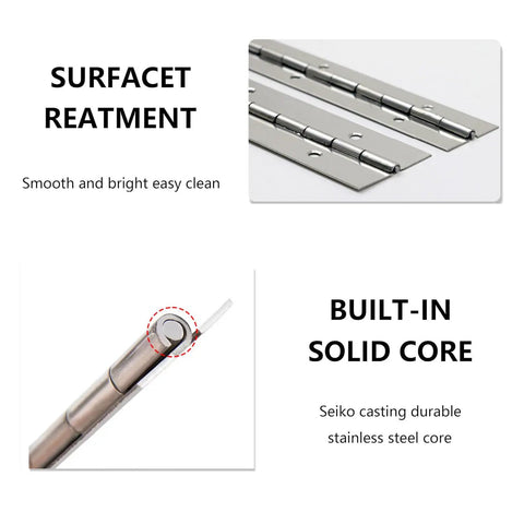 Rock Solid 6 Pack Heavy Duty Stainless Steel Piano Hinges For Cabinet Doors And Gates Built Different Rust Proof Silver Finish showing smooth surface and solid core details.