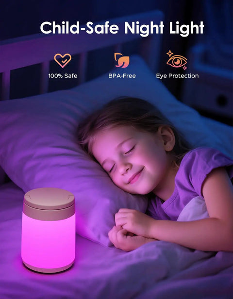 Child sleeping next to Colorful Baby Night Light For Nursery And Kids Room With 10 Colors And 8 Dimmable Levels, pink glow.