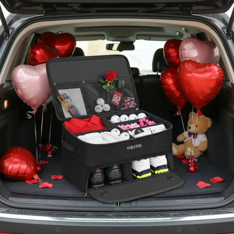 Open car trunk showing Two Layer Golf Trunk Organizer With Ventilated Shoe Compartment For Two Pairs Shoes Waterproof Car Trunk Locker