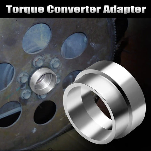 Flexplate Torque Converter Spacer And Flywheel Hub Adapter For GM TH350 TH400 Transmissions Compatible With LS And LT V8 Engines Easy Install Connector Between Flexplate And Torque Converter, showing metal ring and installation on flywheel.