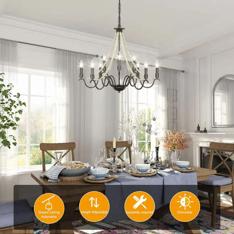 Dining room with 9 Light French Country Rustic Farmhouse Candle Chandelier With Wood Beads Bronze Finish Kitchen Island Lighting