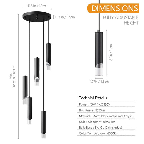 Cool Modern Dimmable LED Pendant Light Fixture In Black, 5 Light Mini Pendant Set with dimensions and technical details