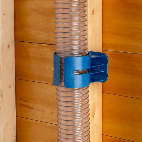 Heavy Duty Dust Hose Support Cradles For 4 Inch Shop Vac Tubing, blue reinforced ABS mounting brackets securing flexible tubing.