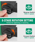 1 Inch Air Impact Wrench Kit Pumping Out 2211 Ft Lbs shows 6-stage rotation setting buttons for tightening and loosening.