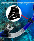 8 Pack Dope Snorkel Keeper Clips Set For Snorkeling And Scuba Gear showing plastic holder attached to snorkel tube