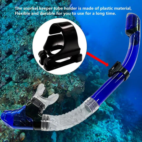 8 Pack Dope Snorkel Keeper Clips Set For Snorkeling And Scuba Gear showing plastic holder attached to snorkel tube