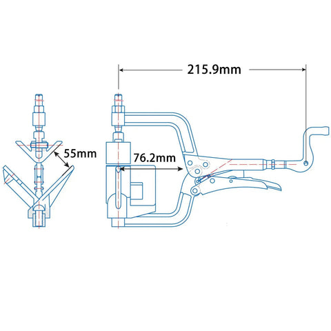 Diagram of Beefy 90 Degree Angle Joint Clamp Tool with dimensions for quick hold and release, showing mechanism and measurements.