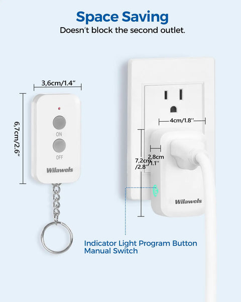 Plug And Play Remote Outlet Switch with Wireless On Off Control for Lamps and Fans, compact size, shown in wall outlet