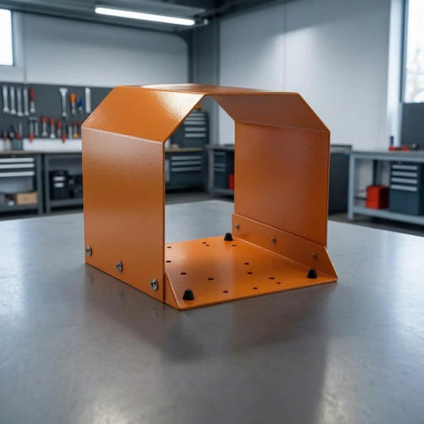Heavy Duty Grey Foot Switch Guard Cover With Angled Hooded Shape And Textured Coating For Tight Machine Shop Spaces Durable Hardware Accessory, side view on workstation.