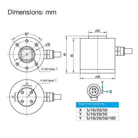 Technical diagram of Six Axis Load Cell Sensor For Lathe Machining High Precision Force Measurement From 0 To 100 Kg.