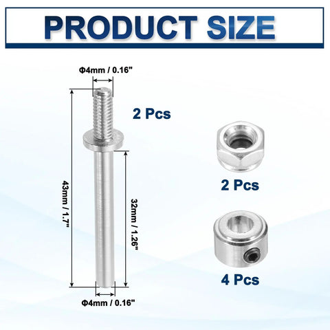 2 Pack 3/16 Inch Diameter By 1.7 Inch Length Landing Gear Drive Axles With Nuts For RC Airplanes, showcasing parts dimensions.