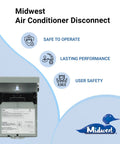 Weatherproof Non-Fusible AC Disconnect Switch 60A 240V 1-Phase Metal Enclosure N3R Outdoor Grade shown with safety icons.
