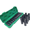 10 Piece Heavy Duty Impact Socket Set With Hex Heads Made From Premium Chrome Steel For Electric Wrenches And Pneumatic Drills In Auto Repair Or Home Jobs, black sockets in green case