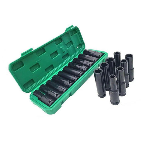 10 Piece Heavy Duty Impact Socket Set With Hex Heads Made From Premium Chrome Steel For Electric Wrenches And Pneumatic Drills In Auto Repair Or Home Jobs, black sockets in green case