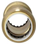 Close-up of 1 Inch PVC Push Fit Slip Coupling, Quick Connect PVC Pipe Fitting, bronze exterior, visible inner teeth, durable construction.