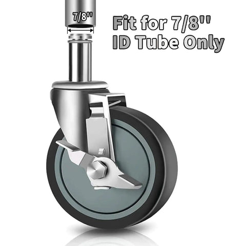 No Nonsense Heavy Duty 4 Inch Casters For Wire Shelving Racks with 7/8 inch fit ID tube and gray thermoplastic wheels.