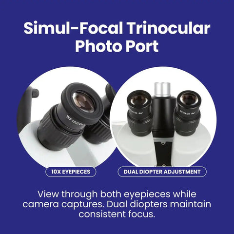 Simul Focal Trinocular Stereo Zoom Microscope With Dual Arm Boom Stand, 10X eyepieces and dual diopter adjustment