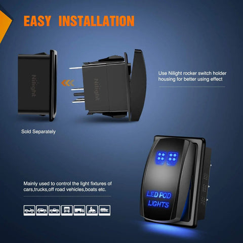Led Pod Lights With 5 Pin SPST Rocker Switch On Off 12V 20A 24V 10A showing easy installation and blue LEDs.