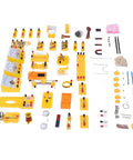 Hands On Electricity And Magnetism Lab Kit For High School Students components laid out including circuits and motor parts.