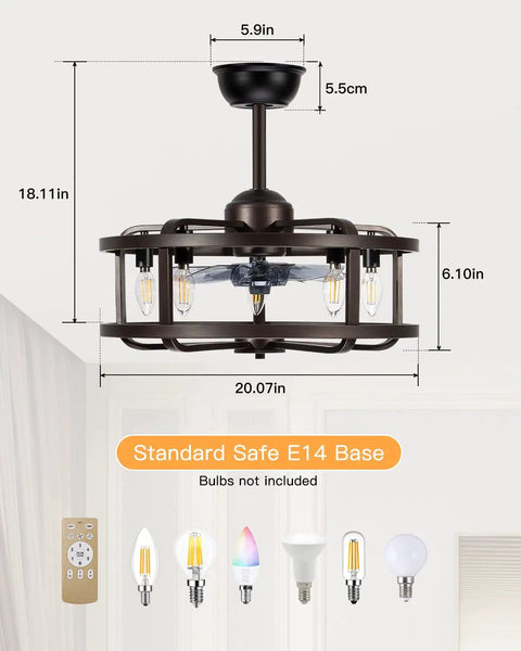 20 Inch Caged Bladeless Ceiling Fan With Light, Low Profile Flush Mount, Remote And App Control, bronze finish