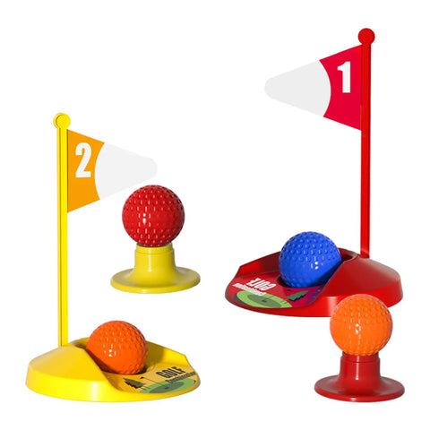 Tot Friendly Mini Golf Toy Set With Golf Cart, Putting Mat, 4 Clubs And 8 Balls For Backyard Play, Perfect Gift For Kids Ages 1 To 8 showing colorful balls and flags