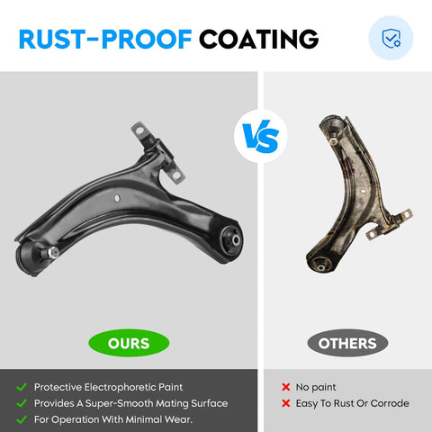 Front lower control arm with end link; two arms side-by-side: new black coated vs old rusted.