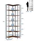 Tall Corner Bookshelf With Fourteen Shelves And Seven Tiers, Space Saving Corner Bookcase, dimensions and weight capacity shown