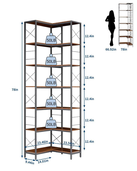 Tall Corner Bookshelf With Fourteen Shelves And Seven Tiers, Space Saving Corner Bookcase, dimensions and weight capacity shown