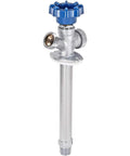Six Inch Frost Free Sillcock With Vacuum Breaker For Outdoor Water Supply One Half Inch MIP And One Half Inch Sweat Brass Plumbing Fitting With Large Wheel Handle Built Tough Winter Proof Faucet, showing side view with blue handle