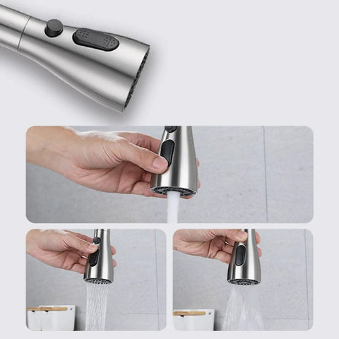 GAZOGJ Black Foldable Kitchen Mixer Tap - Modern 1 Hole Faucet with 3 Sprays & Rotating Spout hand using adjustable spray settings.