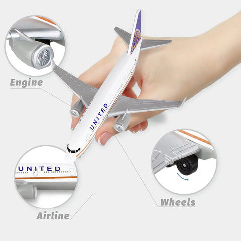 Hand holding Mini Alloy Die Cast Model Airplane for Tabletop Display and Collector Showpiece; size 5.6 in long, 5 in wingspan.