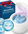ShinePod Ultrasonic Retainer Cleaner With UV Light For Dental Pods Quick 5 Minute Deep Clean Bacteria Virus Plaque Removal Chemical Free Sanitizer For Braces Retainers And Aligners open with aligner and box