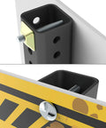 Heavy Duty 4 Pack Anti Theft Sign Mounting Hardware Kit For U Channel Posts And Tubular Posts Includes 2.5 Inch Bolts And Anti Theft Beveled Edge Nuts For Quick One Way Security And Secure Sign Installation showing angled mounted sign with bolt close-up