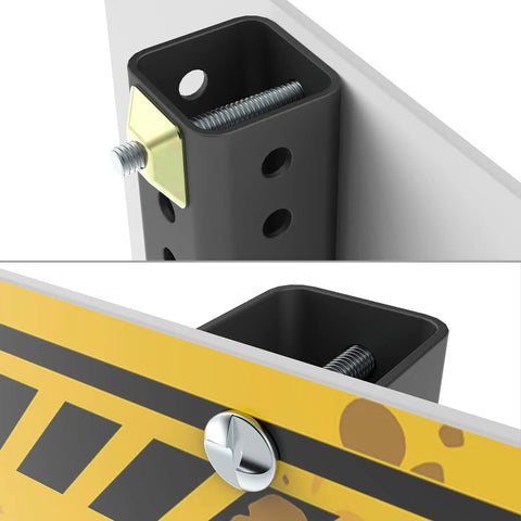 Heavy Duty 4 Pack Anti Theft Sign Mounting Hardware Kit For U Channel Posts And Tubular Posts Includes 2.5 Inch Bolts And Anti Theft Beveled Edge Nuts For Quick One Way Security And Secure Sign Installation showing angled mounted sign with bolt close-up