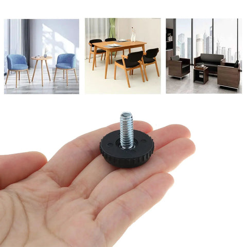 Hand holding a piece from 12 Pack 1/4-20 Threaded Furniture Levelers with Non Slip Pads for table leg adjustments in various furniture setups