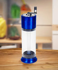 Do It All Three In One Spice Grinder With Hand Crank, Roller Crusher And Cone Filler, blue body on wooden surface