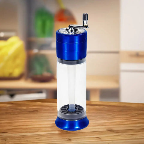 Do It All Three In One Spice Grinder With Hand Crank, Roller Crusher And Cone Filler, blue body on wooden surface