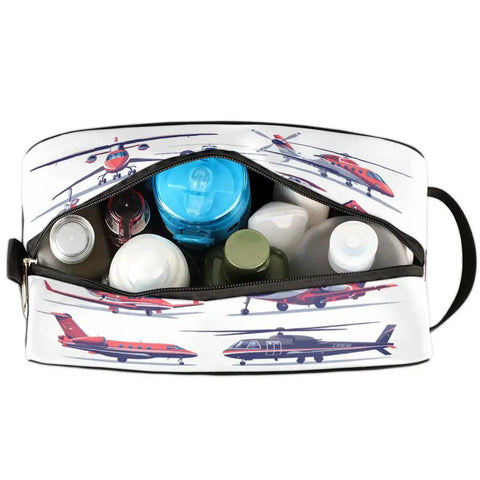 Go To Travel Toiletry Bag For Women And Men Foldable Dopp Kit with aircraft pattern, visible main pocket with toiletries