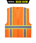 Back view of Hi Vis Mesh Safety Vest For Work With ANSI Class 2 Reflective Strips And Zipper, 8 Pockets, Orange For Men.