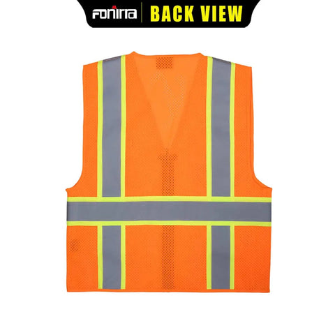 Back view of Hi Vis Mesh Safety Vest For Work With ANSI Class 2 Reflective Strips And Zipper, 8 Pockets, Orange For Men.