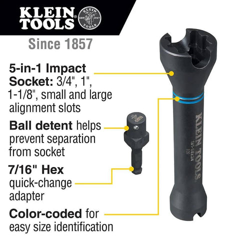 5-In-1 Impact Socket Kit Heavy-Duty With 3/4 Inch 1 Inch And 1-1/8 Inch Square Sockets Small And Large Alignment Slots Nested 7/16 Inch Hex Quick-Change Adapter Ball Detent For Secure Fit And Effortless Tighten Or Loosen, product details illustration
