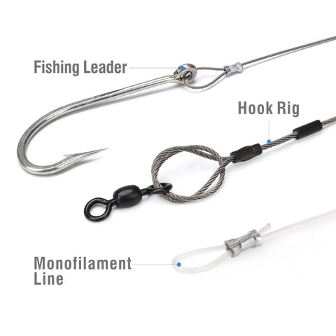 Fishing leader, hook rig, and monofilament line assembly using Heavy Duty Wire Rope Crimping Tool Kit With Swager And Cutter.