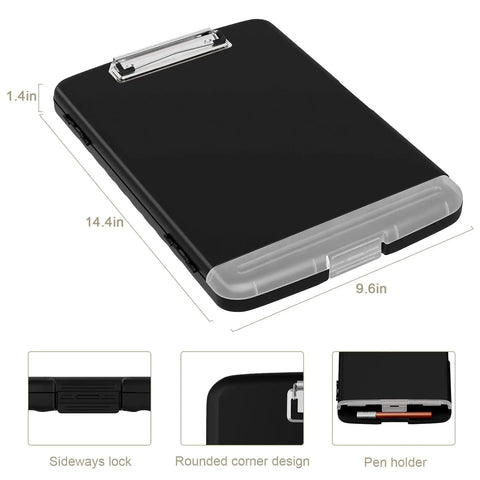 Storage Clipboard Workhorse With Built In Paper Box And Pen Holder, 8.5 X 11 Organization Folio With Side Opening, Black