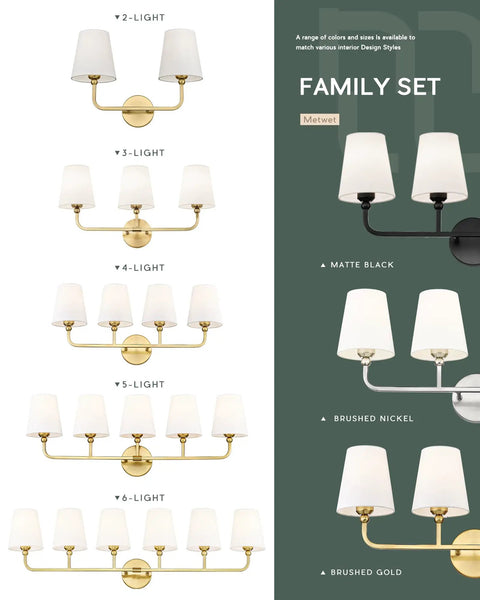 Family set of wall sconces in matte black, brushed nickel, brushed gold, showcasing 2 to 6-light options with white fabric shades.