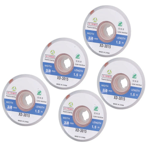 5 Pcs Desoldering Wick Solder Braid For PCB Repair And BGA Components displayed in circular blue packaging with specifications