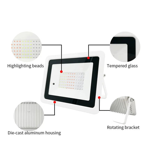 JUDYSSY Led RGB Flood Light 50W featuring highlighting beads, tempered glass, die-cast aluminum housing, and rotating bracket.