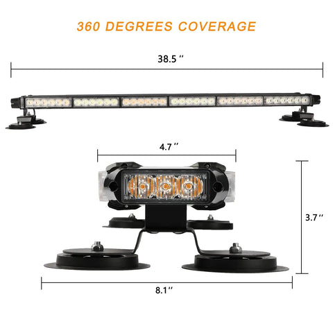 38.5 Inch 78 LED Emergency Strobe Light Bar Double Side Flashing with Magnetic Base, front and side view, black and amber LEDs