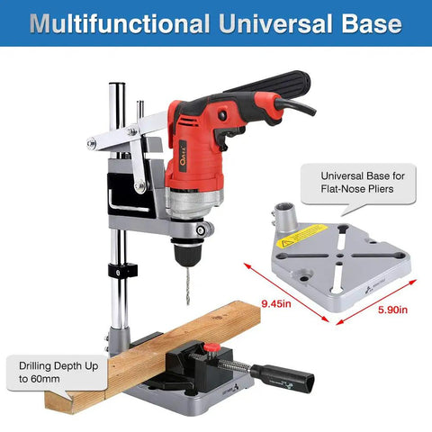 Universal Drill Press Stand For Hand Drills Adjustable Benchtop Clamp Mount Beefy Heavy Duty Aluminum Base Table Workbench Holder Stable Bench Drill Press With Anti Slip Mat For Precise Drilling shown in use with drill and pliers base.